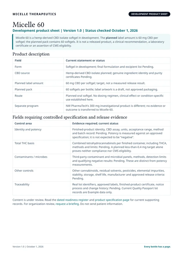 Preview of page 1 of the Micelle 60 development product sheet