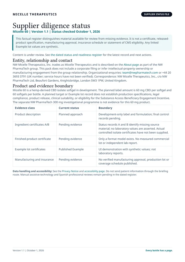 Preview of page 1 of the Micelle 60 supplier diligence status