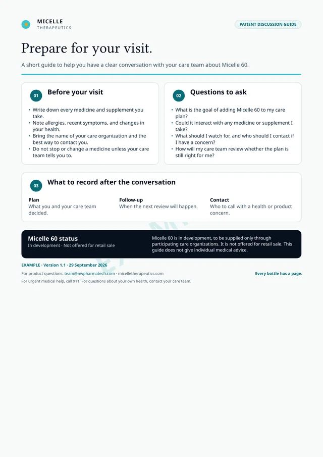 First page of the Micelle 60 patient discussion guide