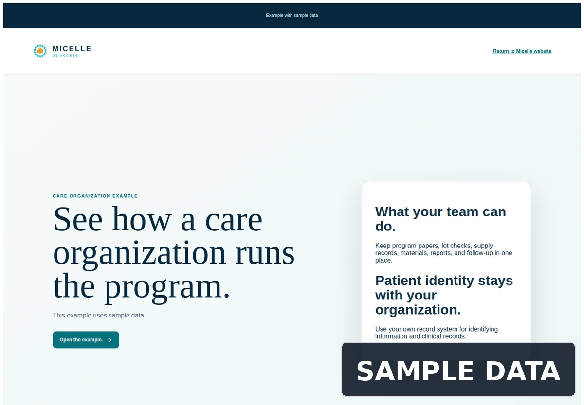 Example care-organization workspace with sample implementation tasks and no patient data