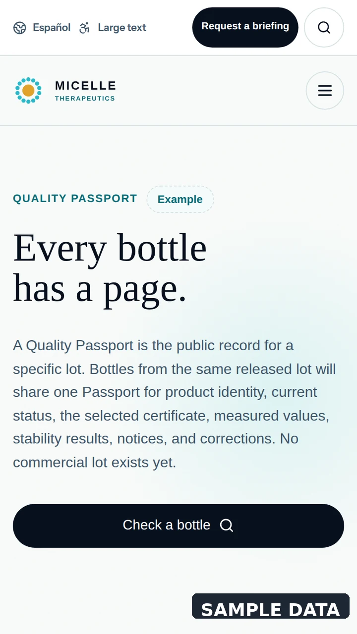 Example mobile Quality Passport showing sample lot data