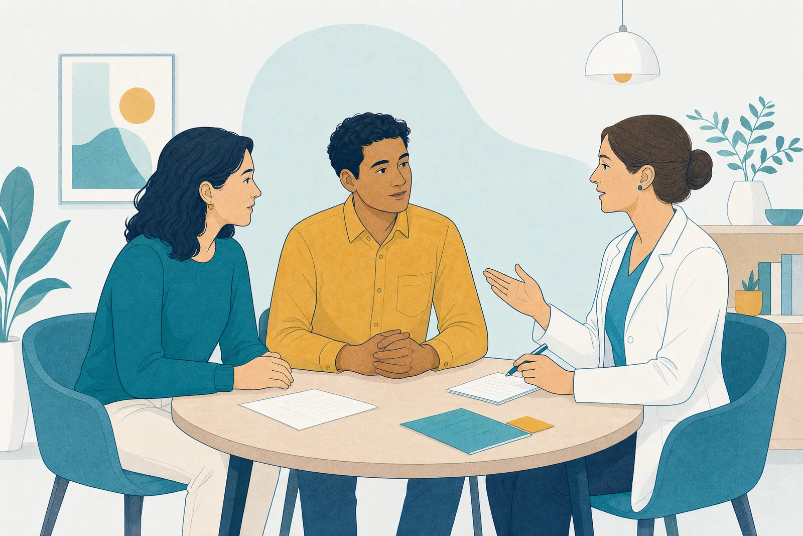 Adult and caregiver having a calm conversation with a clinician in a neutral consultation room