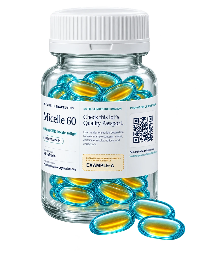 Micelle 60 packaging development render using Label draft v1, with Example A as the illustrative lot